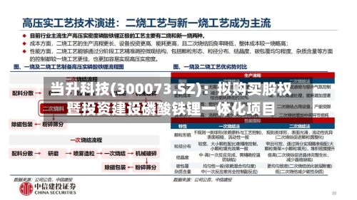 当升科技(300073.SZ)：拟购买股权暨投资建设磷酸铁锂一体化项目